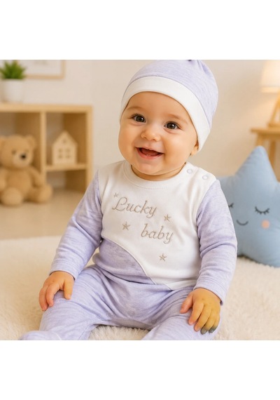 Candar Lucky Baby Nakışlı Çizgili Erkek Bebek Tulumu Ve Şapka 0-3 / 3-6 Ay Kahvemelanj