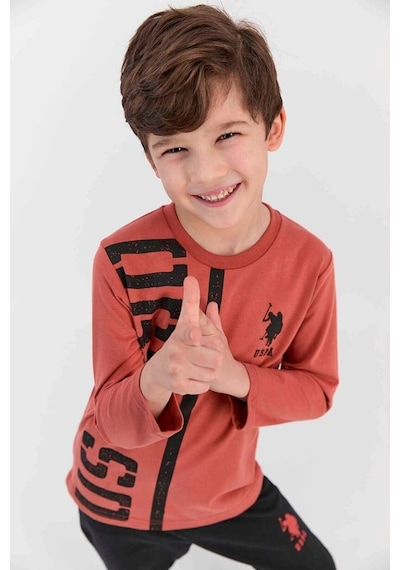 U.S. Polo Assn. %100 Pamuk 926 Uzun Kollu Erkek Çocuk Pijama Takımı Kiremit