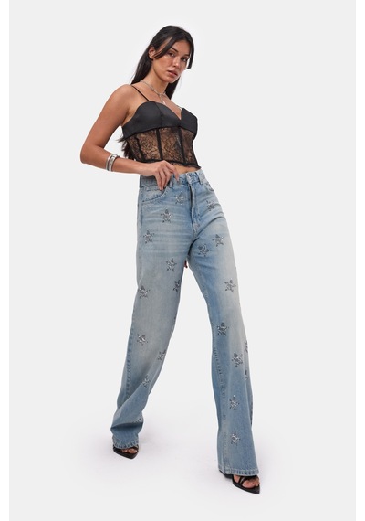 Kadın T.kot Rengi T-4s6-32 Straight Fit Parlak Taşlı Özel Tasarım Denim Jean