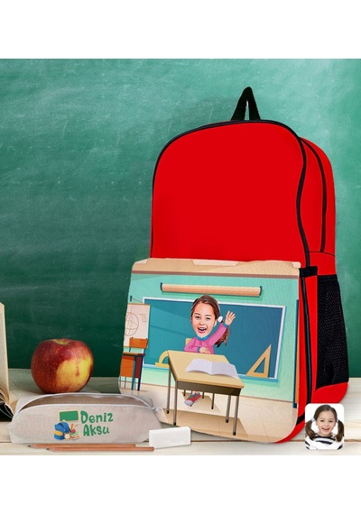 Bk Gift Kişiye Özel Kız Öğrenci Karikatürlü Kırmızı Okul Çantası Ve Kalemlik Hediye Seti-1