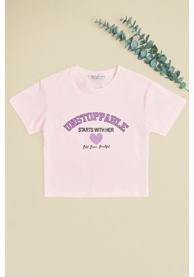 Fullamoda Unstoppable Baskılı Kız Çocuk Crop Tişört Pembe