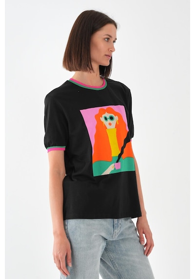 Alexandergardı Yaka Ve Kol Detaylı Baskılı Kadın T-shirt Siyah