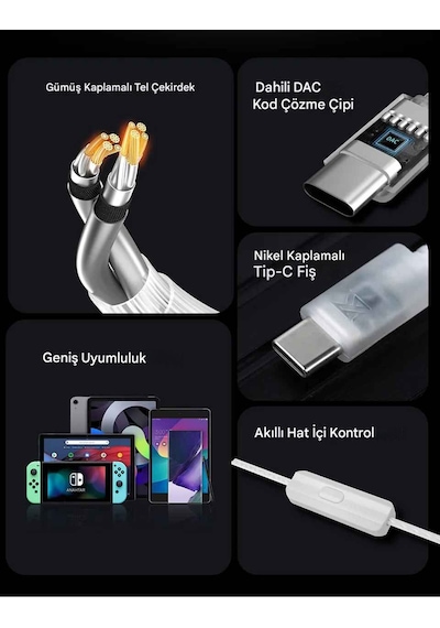 Kz Type-c Gümüş Dac Kulaklık Kablosu Mikrofonlu