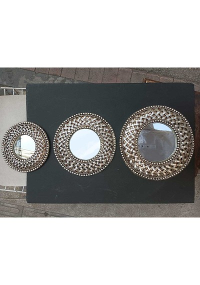 Dekoratif Polyester Yuvarlak Hasırlı Üçlü Ayna Takımı Gümüş Eskitme