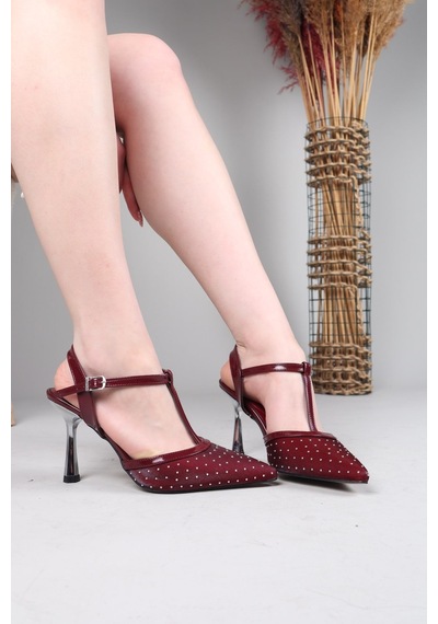 Birikon Arıs Saten Rugan Garnili Stiletto Bordo-8796