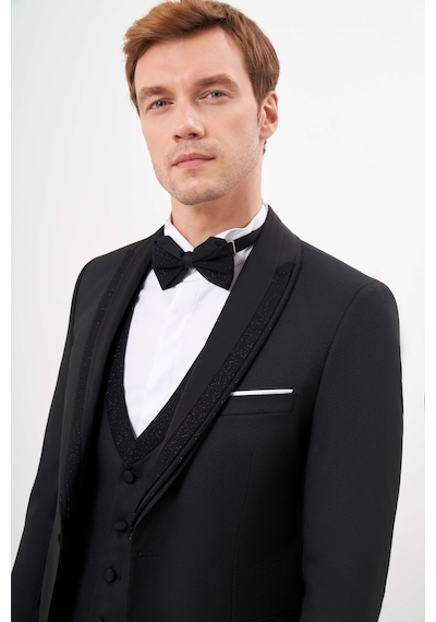 Morven Erkek Siyah Poliviskon Ceromonia Jakar Desen Slim Fit Şal Çıkma Yaka Damatlık 25mc055006001 Siyah