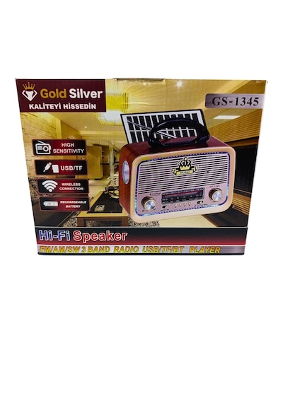 Gold Silver Gs-1345 Güneş Enerjili Led Işıklı Nostaljik Radyo Fenerli Şarjlı Bluetooth Hoparlör Usb Tf