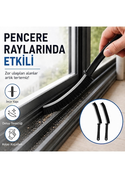 Dar Alan Temizleme Fırçası - 2 Adet Siyah İnce Uçlu Sert Kıllı Derz Fırçası - Pencere Rayı Lavabo Musluk Klima Filtre Klavye Kapı Kanalı Banyo Mutfak Temizlik Seti