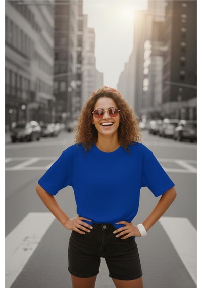 Mily Kadın Oversize Basic Bisiklet Yaka Pamuklu T-shirt Rahat Kesim Unisex Sevgili Kombini Sax Mavısı