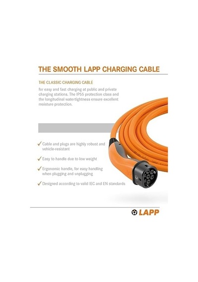 Lapp Elektrikli Araç 22 Kw, 32a, Üç Fazlı, Mod3, 7m Tip2 Şarj Kablosu - Tüm Araçlarla Uyumlu