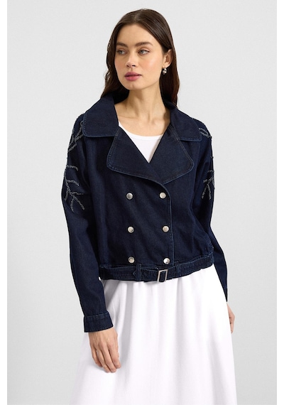 Olcay Kolu Boncuk İşlemeli Astarsız Denim Ceket Lacivert 8283