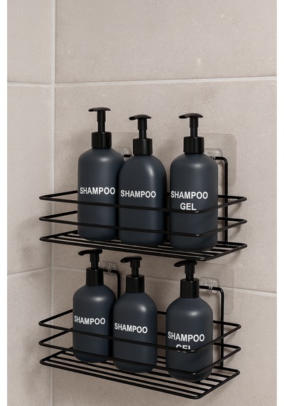 2 Adet - Yapışkanlı Paslanmaz Siyah Banyo Düzenleyici Organizer - Şampuanlık Siyah
