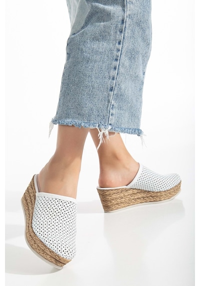 Analin Shoes Kadın Hakiki Deri Burnu Kapalı Dolgu Topuk Terlik Beyaz