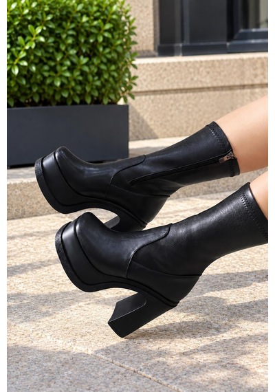 Asmi Shoes Kadın Gander Siyah 12 Cm Streç Platform Topuklu Bot