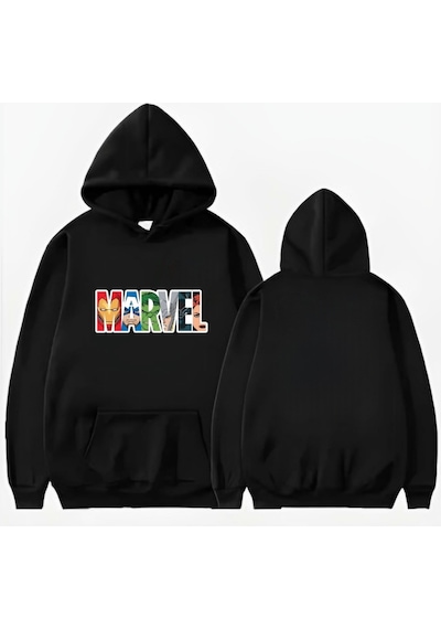 Startmore Marvel Basklı Kapişonlu Sweatshirt Siyah