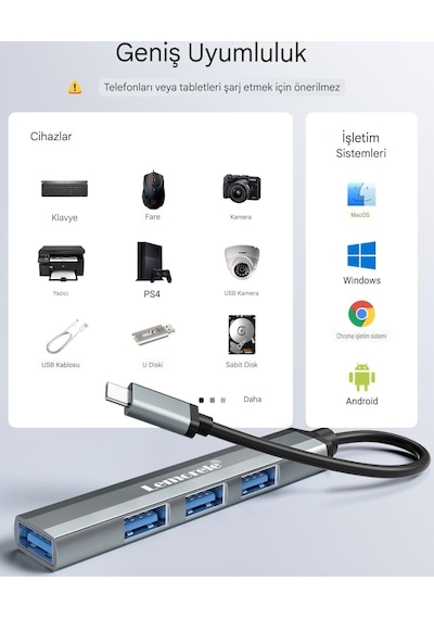 Lemorele 4'in 1'i Hub Çoklayıcı Type-c Girişli 4 Port 3.0 480mbps
