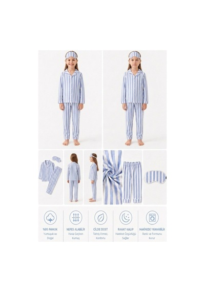 Ahengim Kız-erkek Çocuk Çizgili Kalpli Puantiyeli Desenli Pamuklu Pijama Takımı Göz Bantlı 3 Lü Set Ak2610 Bebe Mavi