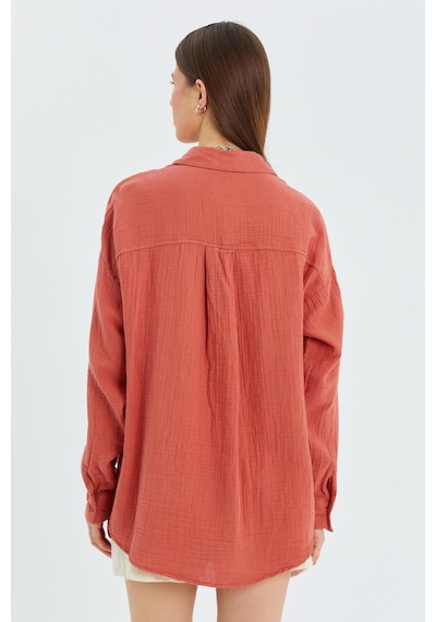 Mixray 3833 Kadın Oversize Cepli Müslin Gömlek Kiremit