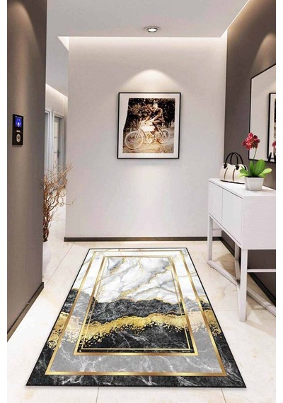 Siyah Gold Çerçeveli Kaymaz Tabanlı Dekoratif Halı Ar127n11 Siyah - Gold