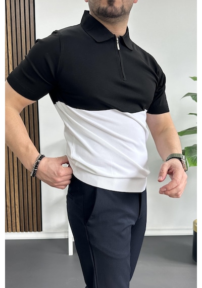Erkek Renk Bloklu Polo Yaka Yarım Fermuarlı Tişört Beyaz Edw234 Beyaz