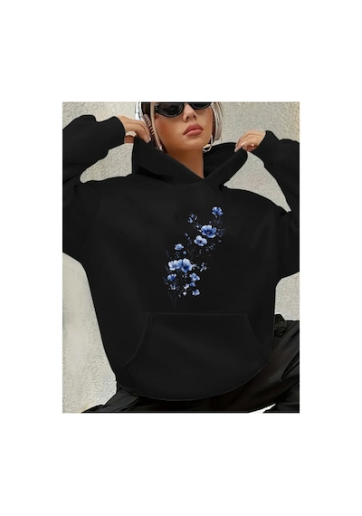 Herkesemoda Mavi Çiçekler Baskılı Kapüşonlu Sweatshirt Siyah