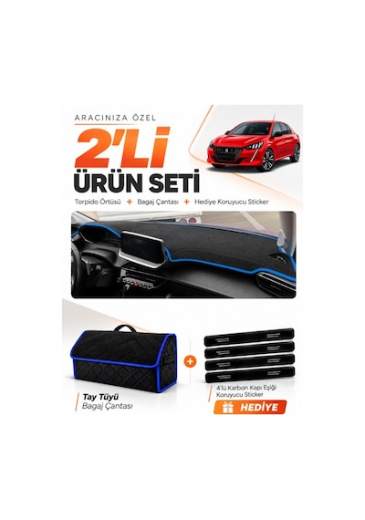 E-biz Peugeot 208 2020-2024 Uyumlu Torpido Örtüsü + Tay Tüyü Bagaj Çantası - Siyah-mavi - Pe006