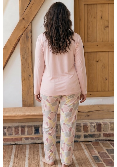 Siyah İnci Desenli Düğmeli Büyük Beden Battal Boy Viskon Örme Pijama Takım 26224803 Somon