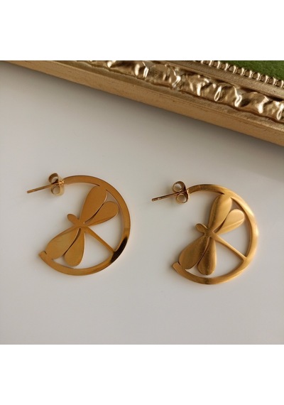 Lente Aksesuar Kararmaz Çelik Yusufçuk Detaylı Minimalist Yarım Halka Küpe Altın