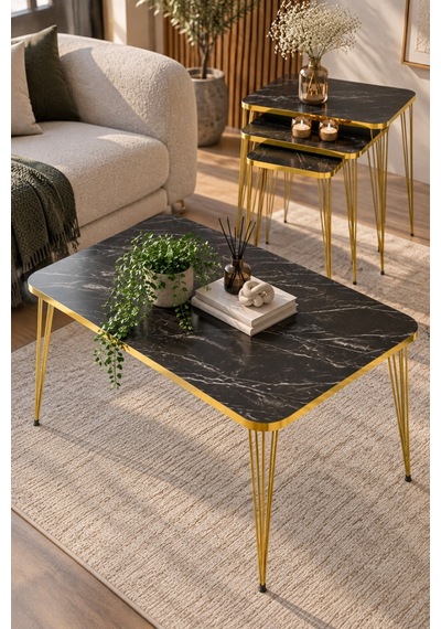 Sulorahome Ceviz Desenli Gold Metal Ayaklı 4'lü Sehpa Seti Altın - Kahverengi