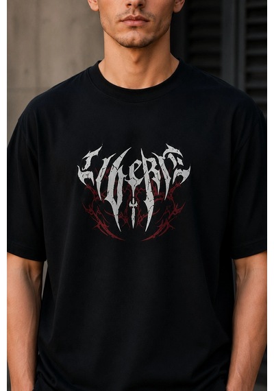 Novalisse Erkek Gotik Yazı Baskılı Oversize Bisiklet Yaka T-shirt - Siyah Çoklu Renk
