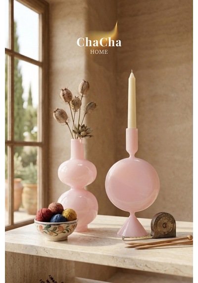 Chacha Home Noctıs Luxe Üfleme Cam Şamdan & Vazo Seti Pembe
