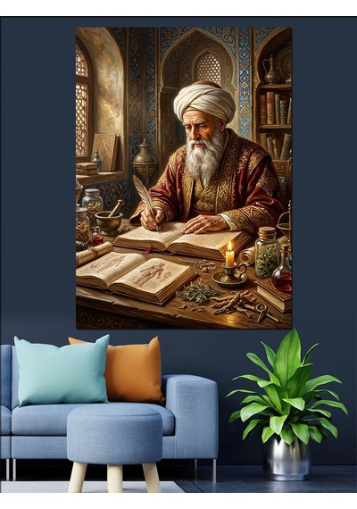 Kitap Yazarken Sarıklı Yaşlı Alim Dekoratif Kanvas - Mdf Ahşap Tablo Çok Renkli