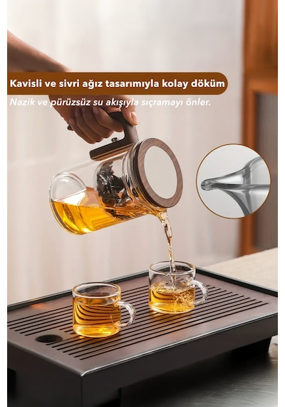 Borosilikat Cam Sihirli Demlik Ahşap Saplı Isıya Dayanıklı Çaydanlık 520 Ml Şeffaf