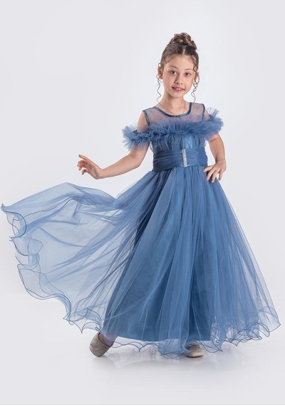 Mnk Baby & Kids Uzun Etek Kız Çocuk Robası Şifon Abiye M00723 İndigo