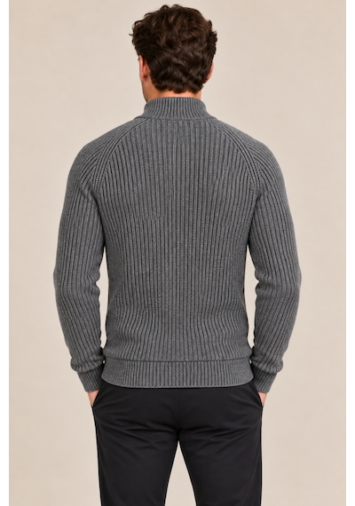 Tarz Cool Erkek Dik Yaka Fermuarlı Slim Fit Triko Hırka Füme