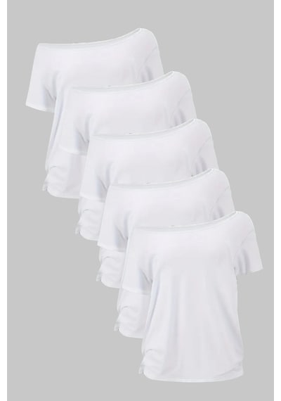 Beyaz 5li Paket Kadın Düşük Omuz Kayık Yaka Oversize T-shirt Beyaz
