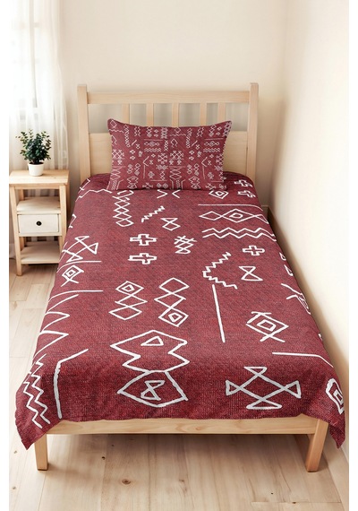 Bohem Etnik Bordo Tek Kişilik Pike Takımı - Geometrik Beyaz 160x220 Cm Kapitone Yazlık Yatak Örtüsü Kırsal Ufuk Demi