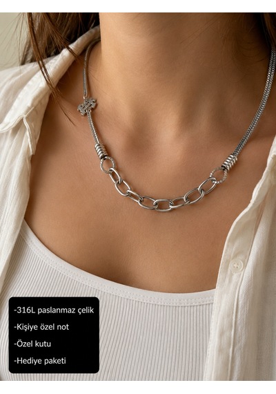 316l Paslanmaz Çelik Zincir Detaylı Modern Halka Kadın Kolye Altın - Gümüş
