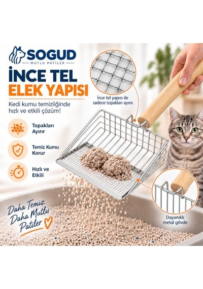 Sogud Metal Kedi Kumu Elek Kürek - Ahşap Saplı Paslanmaz Kedi Kumu Küreği - İnce Tel Elek Yapılı Hijyenik Kedi Tuvalet Temizleme Küreği - Dayanıklı Ve Pratik - 26 Cm