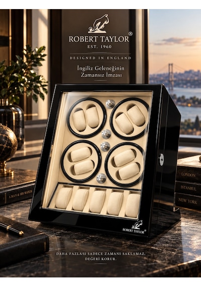 Watch Winder Brooklands Collection 8 Slotlu Ultra Sessiz Otomatik Saat Kurma Kutusu +5 Muhafaza Alanlı, Piano Siyah & Alcantara Krem