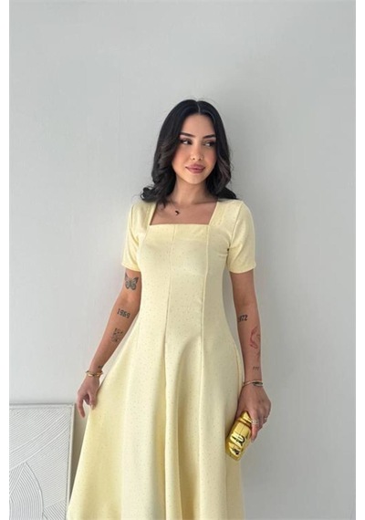 Neşeli Butik Kadın Sarı Taş Detaylı Kare Yaka Midi Boy Kısa Kollu Elbise Nbk4605