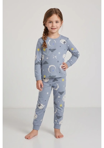 Zuzunga Unisex Mavi Ay Ve Kuzu Desenli Uzun Kollu Pijama Takımı Buz Mavi