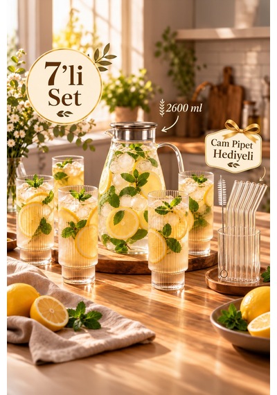 Porsima Borosilikat Metal Kapaklı Çizgili Cam Sürahi Ve 6'lı Meşrubat Bardak Seti 2600 Ml Sürahi + 6x250 Ml Bardak + Cam Pipet Hediyeli
