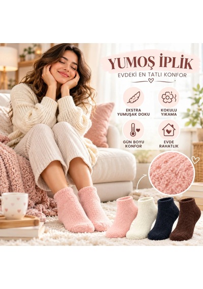 Womanandkids Wak Kadın Yumoş Patik Çorap 4'lü Set Peluş Sıcak Tutan Kışlık Ev Çorabı Yumuşak Rahat 4 Renk Hediye Seti Çok  Renkli