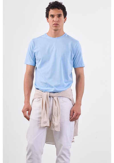 Dufy Açık Mavi Bisiklet Yaka Pamuklu Düz Renk Slim Fit Erkek T-shirt Mavi