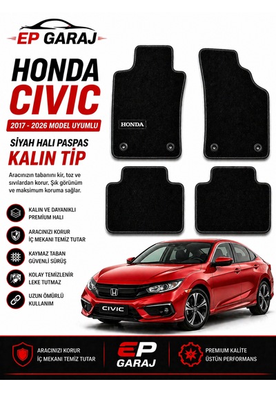 Honda Civic 2017 2026 Uyumlu Siyah Halı Paspas Kalın Tip 4 Parça