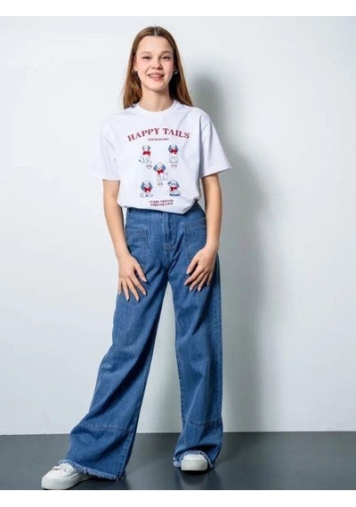Zekids Kız Çocuk Oversize Köpek Baskılı Tasarım T-shirt-15806 Beyaz