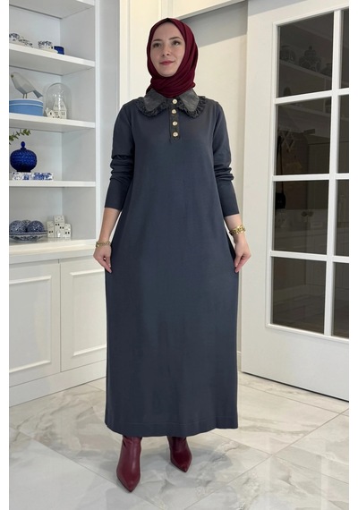 Rabia Şamlı Derya Dantelli Triko Elbise Antrasit Normal