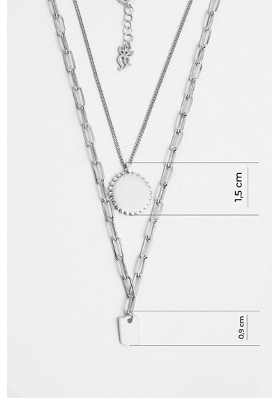 Modern Kombin 18 Ayar Beyaz Altın Kaplama 47 Cm Gümüş İkili Kolye Rodyum