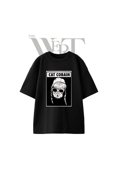 Thewert Cat Cobain Tasarım Baskılı Ünisex Siyah Oversize T-shirt